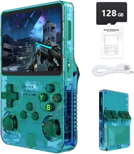 Gziztx Console di gioco portatile retrò R36S: oltre 21.000 giochi classici, schermo IPS da 3,5, memoria da 64 GB/128 GB, dispositivo di gioco portatile Linux (128G-Verde)