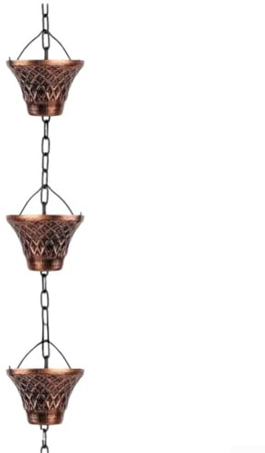 Dekorativ regnkedja i metall för att rikta regnvatten från rännor, tillverkad av robust järn med en geometrisk stil för att komplettera trädgårds- och utomhusutrymmen (bronsfärg)