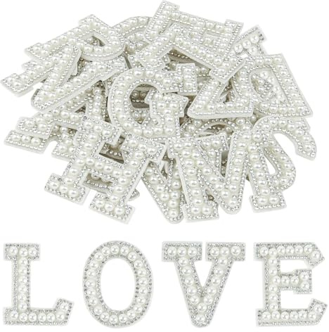 26Pcs Self Adhesive Letter Patches Pearl Rhinestone Letter Stickers Iron on Letters A-Z Stick on Pearls White Glitter Alphabet Patches for Embroidered Clothing Bags Hats Phone Case DIY Crafts