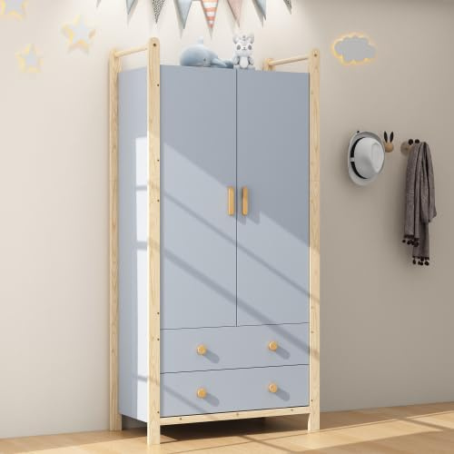 feynoss Armario infantil de 2 puertas con barra y cajones, madera aglomerada con marco de pino, 90 x 45 x 180 cm, para dormitorio y pasillo