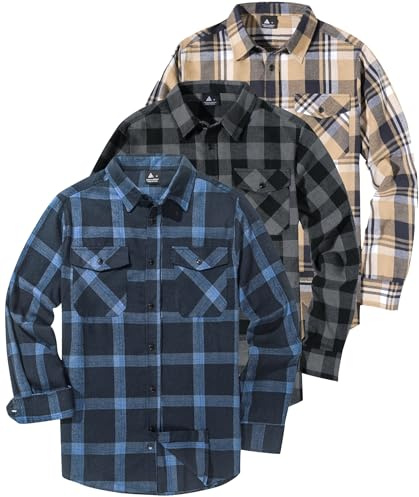 ZITY Lot De 3 Chemises en Flanelle À Carreaux pour Hommes, Manches Longues, Chemise De Bûcheron en Coton Boutonnée, Chaudes, Loisirs, Coupe Régulière, Chemise À Carreaux avec Poche Poitrine