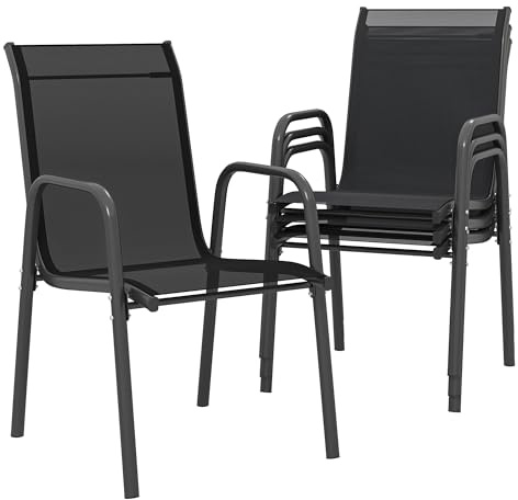 Outsunny Lot de 4 Chaises de Jardin Extérieures Empilables Accoudoirs Noir