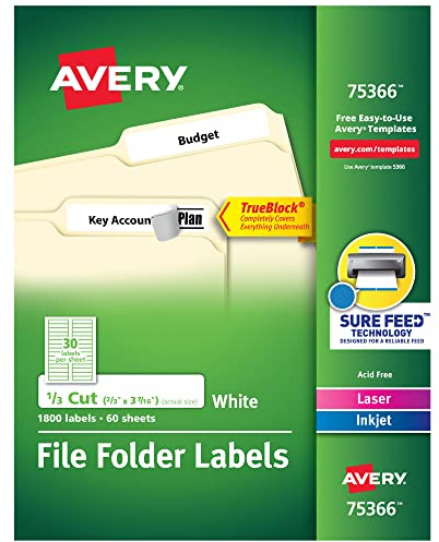 Avery TrueBlock File Folder Labels, 2/3 x 3-7/16, 1,800 Printable Labels, White, Permanent (75366)
