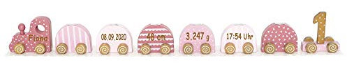 Geburtstagszug Kerzenhalter aus Holz pink personalisierbar mit Name und Geburtsdaten Baby Geschenk mit Gravur