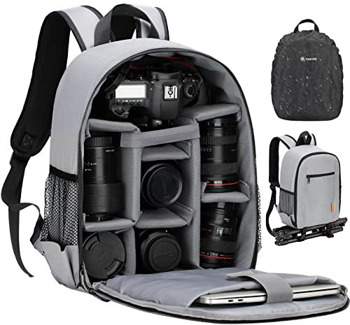 TARION Camera Bag Professional Photography - Photo Backpack with Laptop Compartment Waterproof Rain Cover for DSLR SLR Mirrorless Camera Lens Tripod for Women Men Photographer Grey TB-S