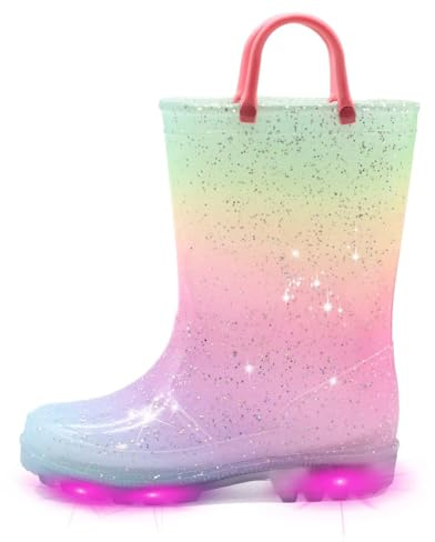 EUXTERPA Stivali di gomma per bambine e bambini lampeggianti, stivali Wellington impermeabili luminosi con glitter e manico facile da indossare, stivali da pioggia per bambini taglia 4-13 UK bambino