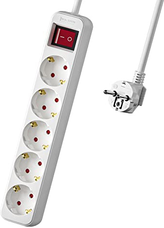 5 Fach Steckdosenleiste, 1,5m Verlängerungskabel weiß, Mehrfachsteckdose mit Schalter