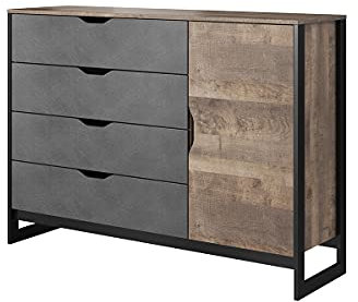 Kommode für Wohnzimmer, Schlafzimmer mit 1 Tür und 4 Schubladen Schrank Sideboard Highboard oder Anrichte - 138 cm - XARO G 138 - Eiche Sand Grange Graphite - Industrieller Stil - Grau, Beton-Optik