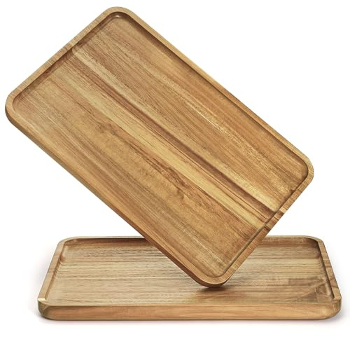 YOUEON Set of 2 Acacia Wood Serving Tray with Raised Edge, 14.2 x 9.5 Inch Rectangular Serving Tray, Appetizer Cheese Plate, Sandwich Dessert Trays, Wood Plates for Food, Coffee, Fruit, Cookie