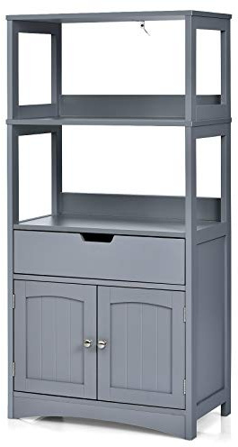 Multigot Kitchen Cupboard, Freestanding Wooden Floor Storage Cabinet with 3 Open Shelves, 1 Drawer and 2 Doors, Bathroom Hallway Storage Organizer Unit (Grey)