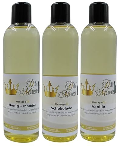Dufte Momente | Massageöl 3 x 250ml | Honig-Mandel, Schokolade, Vanille | hochwertige Pflanzenöle als Basis | hohe Gleitfähigkeit | zieht langsam ein | ohne Paraffin und künstliche Zusätze | vegan