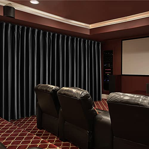 Fcosie Home Theater Curtains Flat Hooks, Extra Wide Velvet Drapes, Blackout Room Darkening Thermal Insulated Drapery for Home Moive Theater Room, 1 PC, 100W x96 L, Black, No Liner