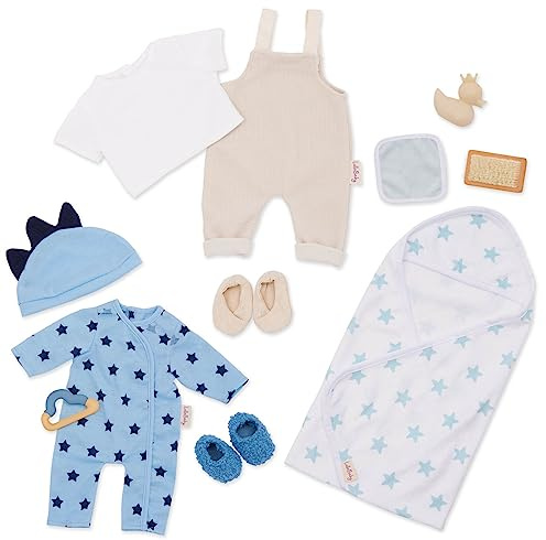 LullaBaby - Conjunto de Ropa para muñecas - Set de Moda de 13 Piezas - Ropa para muñecas - Pijama, Jersey y Accesorios de baño - Juego imaginativo - Juguete para niños a Partir de 2 años