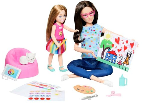 Barbie Kunsttherapeutin Puppe - Rollenspielset mit interaktiven Funktionen und Zubehör für kreative Geschichtenerzählung, inklusive Kleinkind-Puppe und Kätzchen, für Kinder ab 3 Jahren, HRG48