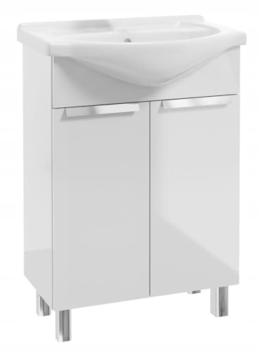 Deftrans Lavabo con armario bajo 60 x 85 x 43,5 cm – lavabo con armario inferior, lavabo de invitados con armario bajo 60 cm, juego de muebles de baño, color blanco brillante