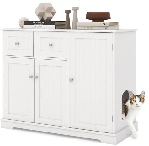 COSTWAY Cat Litter Box Enclosure, Wooden Hidden Kitty Washroom with 2 Drawers, Indoor Cats House Cupboard Side Cabinet, White (100 x 45 x 80cm)