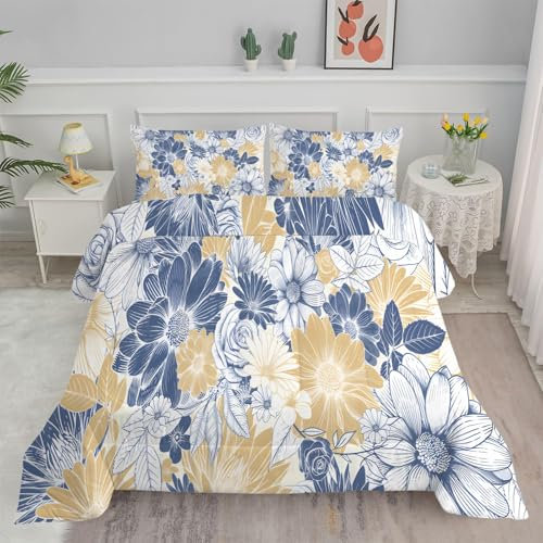 Bettdecke 135x200 4 Jahreszeiten Blaue Blume Bettdecken Waschbar Ganzjahresdecke Wende-Steppdecke, Leicht Weiche Bettdecke Ohne Bezug Nutzbar Schlafdecke 200GSM mit 2 Kissenbezug