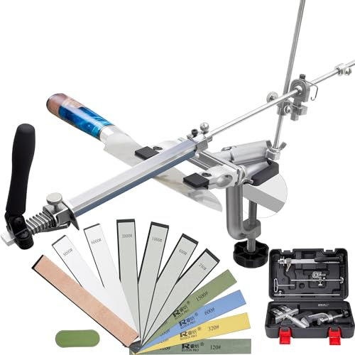CWOVRS Aiguiseur à Couteaux, RX-009 Affûteur de Couteaux à Angle Fixe Rotatif à 360°, Curseur et Fixation Précis Améliorés, Système d'Affûtage de Couteaux à Cuisine, 10 Pierres + 1 Cuir+ 1 Pâte