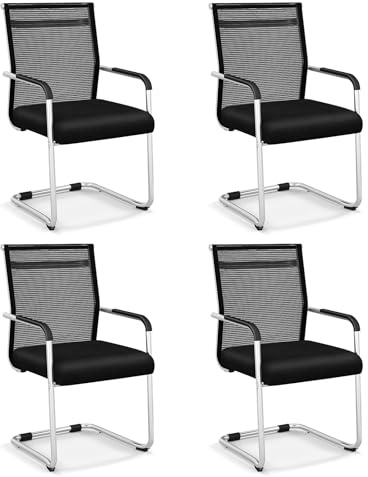 COSTWAY Freischwinger Stühle 4er Set, stapelbare Schwingstühle mit Metallkufenbasis & Armlehne, Bürostühle, Konferenzstühle, Besucherstühle für Büro, Konferenzraum, Arbeitszimmer, Schwarz