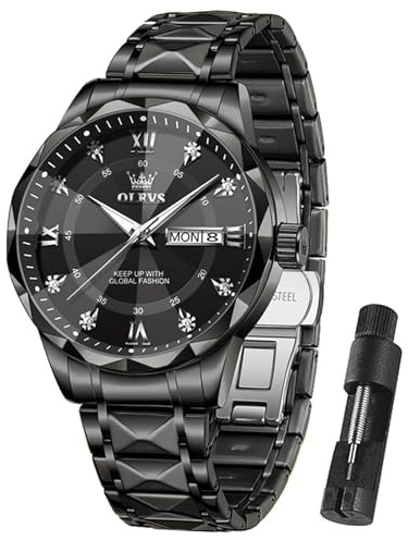 OLEVS Schwarz Herren Uhren Wasserdicht Groß Edelstahl Armbanduhr Herren mit mit Datumsanzeige Elegante Analog Herrenarmbanduhr Leuchtende Business Kleid Herrenuhr Metallarmband Geschenke für Männer