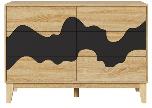 UEV Commode à 6 Tiroirs 100cm, Armoire de Rangement, Grand Espace de Rangement, Motif Vague Irrégulière, pour Chambre à Coucher, Salon, Salle à Manger, 100 x 35 x 72 cm, Naturel