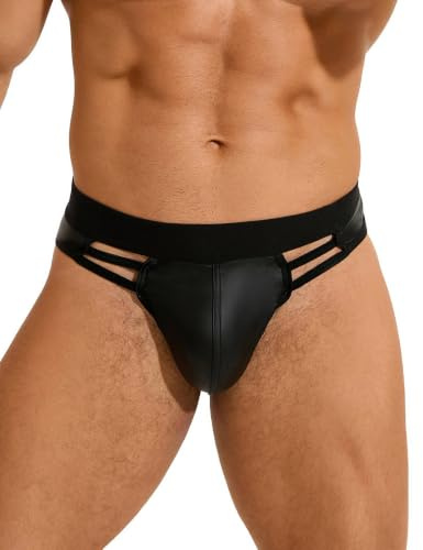 comeondear Tanga Hombre Sexy Tangs Cuero PU Calzoncillos Cintura Baja Tanga Elásticos Jockstrap Lenceria Sexy Hombre Briefs Transpirables Thong Tallas Grandes Suspensorio Slip Ropa Interior Negro,XL