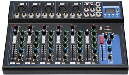 Mezclador de audio Bluetooth de 7 canales, mezclador DJ Live Studio con USB Sound Mixing Console 6 modos de música para KTV, bandas, bares y estudios de grabación para principiantes y profesionales