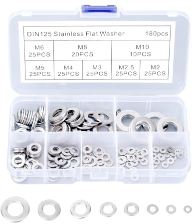 180pcs Flat Fender Washers Set,304 Stainless Steel Flat Fender Washers Assortment Set Metric M2 to M10 Hardware Fasteners Kit for Screws Bolts Industrial Electrical Furniture Structural Testing