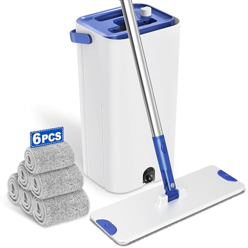 MYSPRI Flat Mop and Buckets Sets: Floor Cleaning Bucket with Wringer System - Dry Wet Dust Mop with 6 Microfibre pads for Housewife Home Cleaning on Laminate Hardwood Tile