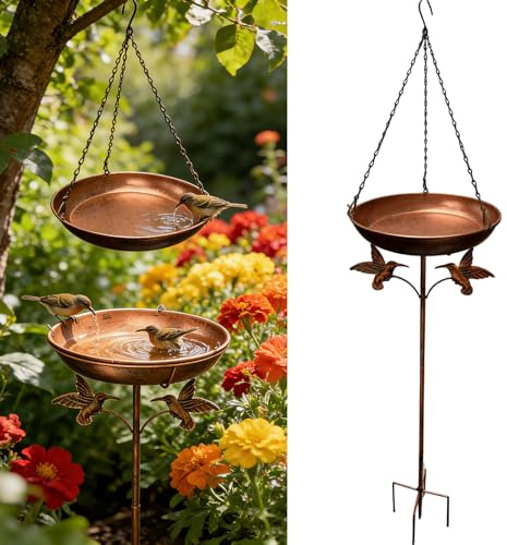 Beafaeur Abreuvoir Oiseaux,Bain Suspendu pour Oiseaux,Bain d'oiseaux Abreuvoir Exterieur(∅ 24cm),avec Socle à 5 Pattes Anti-Basculement et Chaîne,Bains d'oiseaux Autoportants pour Jardin Balcon