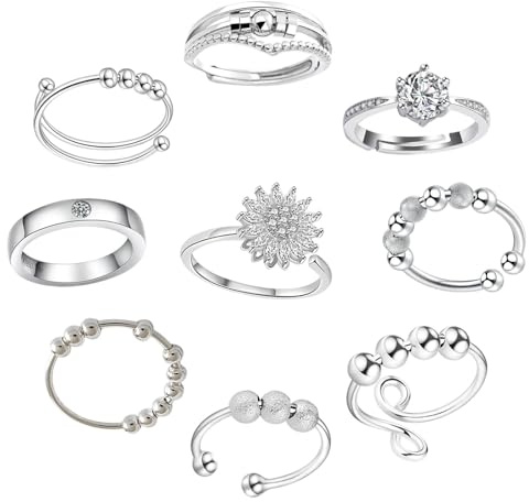 ZXTGBQ 9Pcs Anti Ansia Anelli Spinner Anelli, Regolabile Anello Antistress, Anelli Spinner Con Perline, Acciaio Inossidabile Rotante Anello Ansia Anti Stress Anellos Fidget Ring Anxiety Ring Aperto