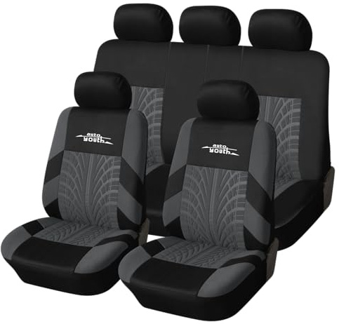 AUTOYOUTH Car Seat Covers Full Sets, 3D Tyre Embossed Universal Seat Covers | Front Seats Airbag Compatible, Sport Interior Seat Covers for Cars, Suv, Sedan & Vans, Seat Protectors Charcoal.