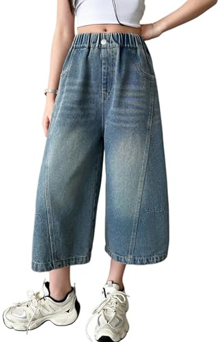 Rolanko flickor beskurna jeans, elastisk midja säckiga breda ben capri jeans denim shorts för tonåringar