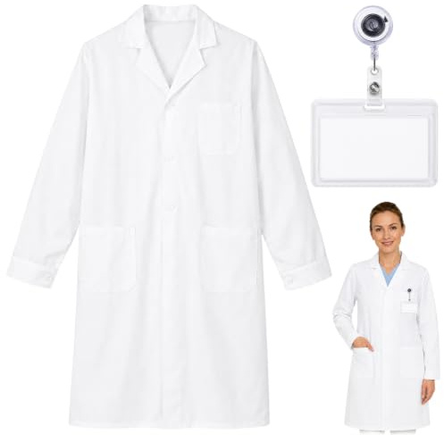 Blouse Chimie Lycee Femme Homme | Blouse Blanche Manche Longue en Polyester | Lavable et Respirante pour Collège | Ensemble avec Étui Porte-Badge Transparent | Étudiants TP Physique Chimie Taille L