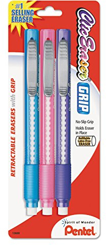 Pentel ZE21TBP3M Clic Eraser Pencil-Style Grip Eraser Assorted 3/Pack, Polyvinyl Chloride (PVC)