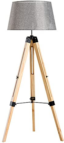 HOMCOM Tripod Floor Lamp Wooden Adjustable Modern Illumination Design E27 Bulb Compatible (Grey Shade) 99-143H