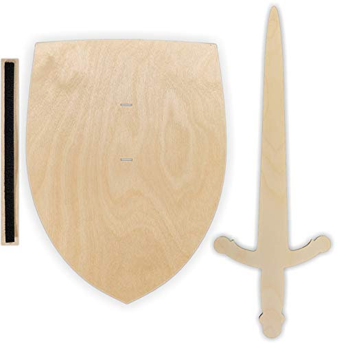 Herr Bo & Co Ritterschild und Ritterschwert als tolles Set aus unbehandeltem 3mm Birkenholz, inkl. Halteschlaufe aus hochwertigem weichen doppelseitigem Klettband, FSC-Zertifiziert, Made in Germany