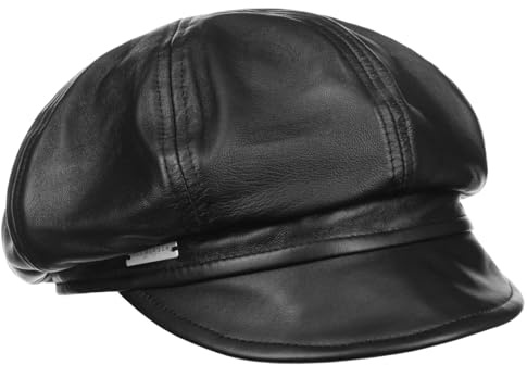 Seeberger Leder Ballonmütze Schildmütze Baker-Boy-Mütze Damencap Ledercap (M (56-57 cm) - schwarz)