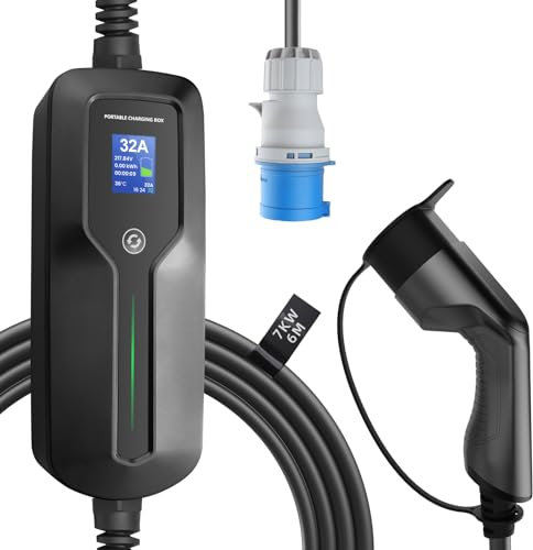 Morec Type 2 Chargeur EV Prise CEE Câble de Charge commutable 16/24 / 32A avec écran Station de Charge Portable IEC 62196-2 Boîtier de Charge (Prise Euro) 6m / 20ft pour