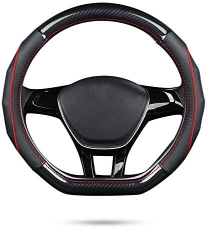 Ergocar Car Steering Wheel Cover Non-slip Car Steering Wheel Protector Sport D-shape Carbon Fiber & First Layer Cowhide Universal For Diameter 38cm(15) (D-Black-red)