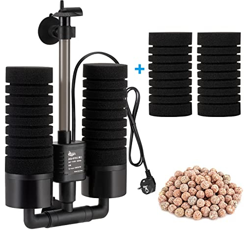 AQQA Filtro de doble esponja para acuario, silencioso filtro de espuma sumergible de energía eléctrica con 4 esponjas, 1 bolsa de bolas de cerámica biofiltradas (S)