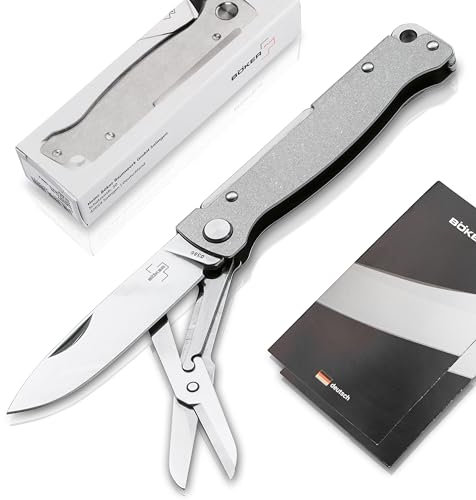 Böker Plus PLUS Atlas Messer - kleines Slipjoint Taschenmesser - Klappmesser mit Metall Griff - EDC Vollmetall Messer - Vintage Sandvik Messer (Taschenmesser Multi Stonewash), 01BO857, Grau-silber