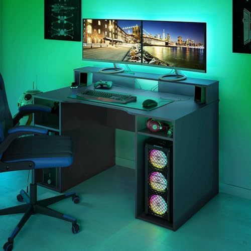 Dmora - Scrivania Phoenix, Scrittoio multifunzione moderno da Gaming, Tavolo da studio porta PC e porta CD, Tavolo da studio con ripiani, 136x67h88 cm, Antracite