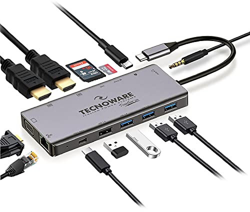 Tecnoware Power Systems - Hub USB C Adapter 13 in 1 | 2x HDMI 4K | USB 2.0 & 3.0, USB C, Ethernet, VGA | SDXC, Mikro-SD, Audio-Buchse | Kompatibel mit MacBook, iPad, Windows, Linux, Grau, Aluminium