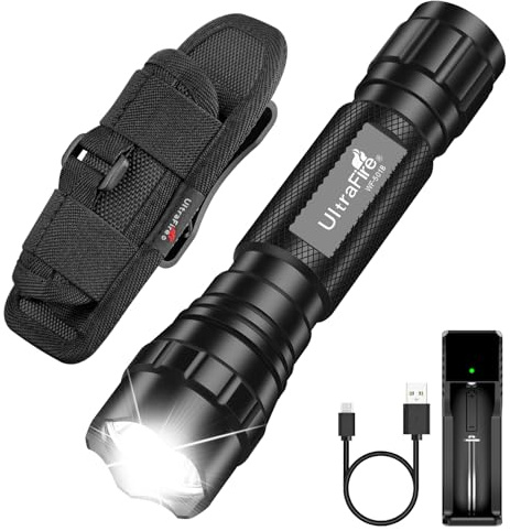 ULTRAFIRE Tactical Flashlight with Holster, Single Mode LED Flashlight 1000 High Lumen Duty Flashlights with Belt Holster and Charger, Bright Small Flash Light WF-501B