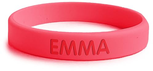 bienpegado Pulsera personalizada SOS para niños de silicona, ideal para salidas y paseos. En varios tamaños y colores. Resistente al agua y duradera. (Rosa fluorescente)