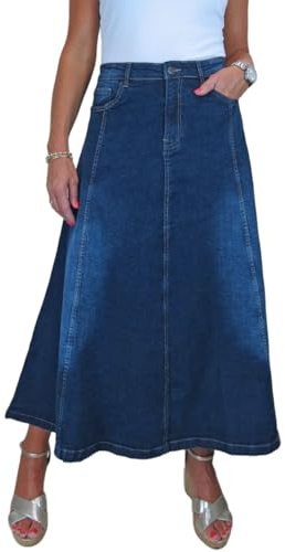 Paulo Due Women's Flared Stretch Denim Maxi Skirt Dark Fade Blue 12-22 (16)