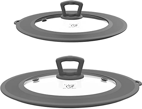 Set of 2 Vented Tempered Glass Universal Lid for Pot Pan Skillet with Heat Resistant Silicone Microwave Splatter Cover Microwave Safe Fit 6.5 7 7.5 and 9.5 10 10.5 11, Light Grey