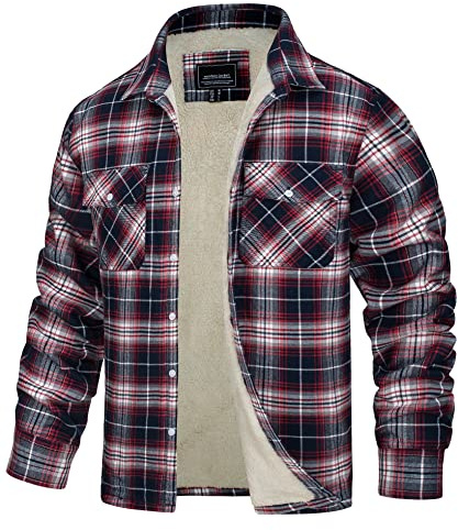 TACVASEN Chaquetas Casuales para Hombre Algodón Chaqueta de Trabajo Botón Camisa de Leñador Invierno Lana Chaquetas a Cuadros, Rojo Blanco