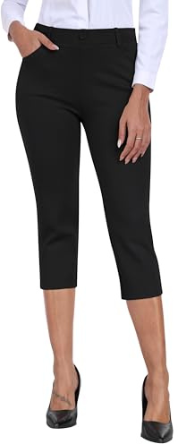 MoFiz Women's Capri Pants for Summer - Black Pull-On Stretch Straight Leg, Golf Yoga & Business Casual Dressy Work Office Cropped Pants with Pockets L